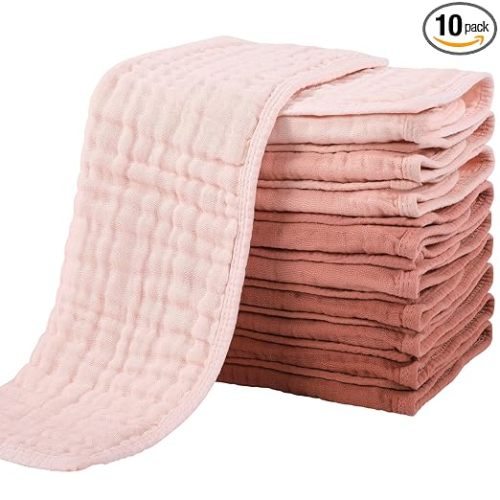 Yoofoss Muslin Burp Cloths for Baby 10 Pack 100% Cotton Baby Washcloths for Boys Girls Large 20''X10'' Super Soft and Absorbent Gradient Pink