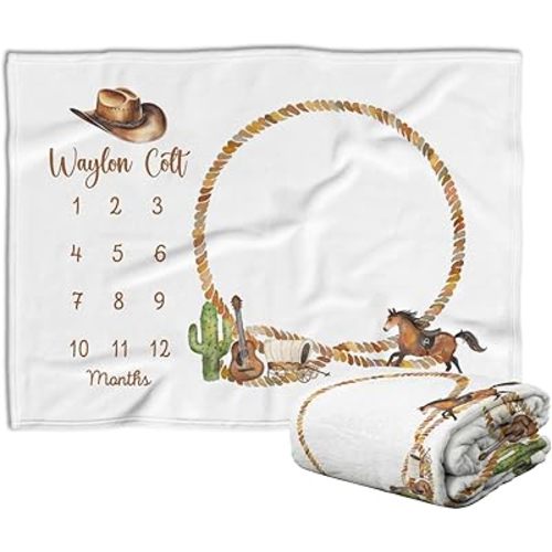 Western Baby Blankets - Personalized Cowboy Blanket with Name, Custom Monthly Milestone Blanket, Baby Photography Backdrop Prop