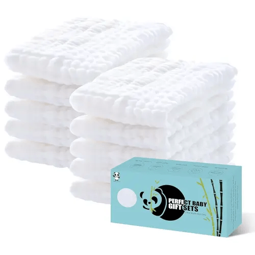 HIPHOP PANDA 10 Pack 6-Layers Muslin Burp Cloths Large - Durable 100% Cotton - Baby Essentials Extra Absorbent and Soft Boys & Girls Rags for Newborn Registry (White, 20" X10")