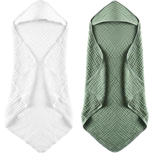 MUKIN Baby Hooded Towels, Muslin Cotton, 2-Pack, for Newborn, Infant, Toddler and Kids (White,Dark Green)