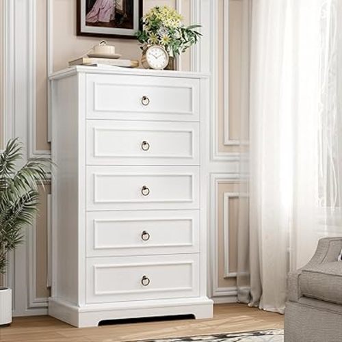 HOSTACK 5 Drawers Dresser for Bedroom, 44" Tall White Dresser with 5 Drawers, White Chest of Drawers with Storage, Modern Farmhouse Wood Dressers for Closet, Vertical Dressers for Living Room, Hallway