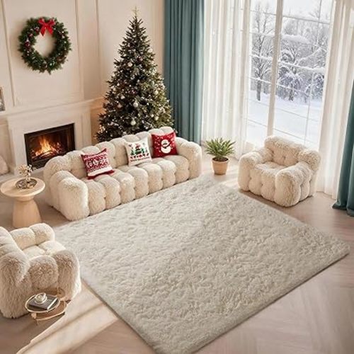Ophanie Rugs for Living Room, Upgrade Non-Slip Fluffy Soft 5x8 Area Rug, Shag Large Fuzzy Plush Carpets for Bedroom Ivory, Shaggy Kids Boys Girls Dorm Nursery Home Decor Aesthetic