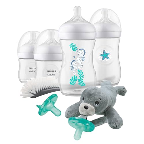 Philips AVENT Natural Response Baby Gift Set, 4X Natural Response Bottles: 2X 4oz with Nipples Flow 2 and 2X 9oz with Nipples Flow 3 with Seahorse and Starfish Design, 2X Soothie Pacifiers, SCD838/06
