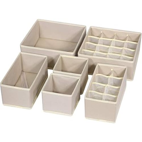 6 Pack Foldable Drawer Organizer Dividers Cloth Storage Box Closet Dresser Organizer Cube Fabric Containers Basket Bins for Underwear Bras Socks Panties Lingeries Nursery Baby Clothes Beige
