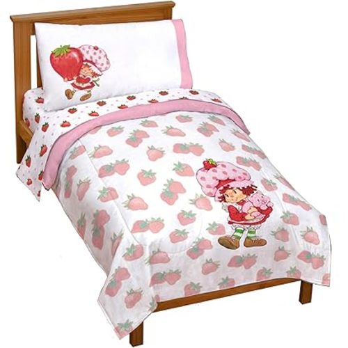 Jay Franco Strawberry Shortcake Toddler Comforter Set - 4 Piece Bedding Includes Sheet Set & Pillow Cover - Super Soft Pink & White Kids Bedding