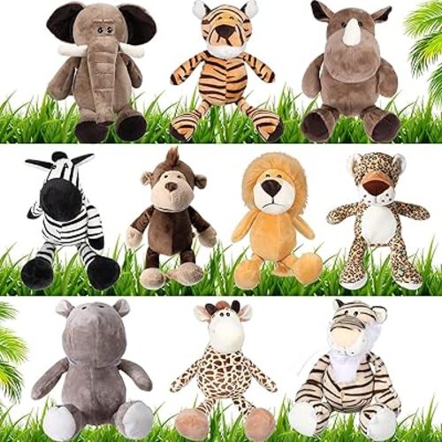 HyDren 10 Pcs Safari Stuffed Animals Plush Jungle Animal Toys for Girls Boys, Elephant Giraffe Lion Tiger Monkey Rhinoceros Zebra White Tiger Leopard Hippo for School Achievement Award Christmas