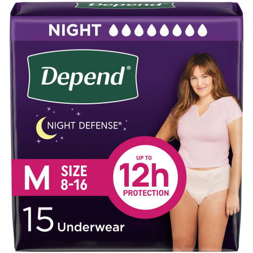Depend Night Defense Incontinence Underwear for Women, Adult Diapers, M, 15 Count