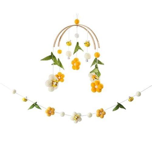 Baby Mobile for Crib Crib Nursery Mobile for Boys Girls Boho Bee Flower Nursery Decor Soothe Toy Baby Shower Set for Infant Bedroom Hanging Decoration Toy - Yellow Bee Decor