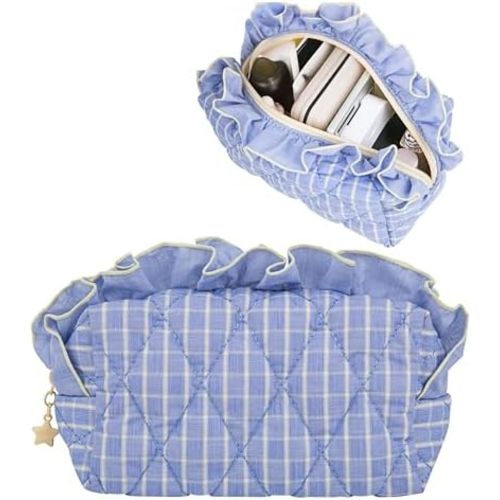 Frillie Quilted Ruffle Makeup Bag – Cute & Elegant Cosmetic Organizer for Women, Lightweight Travel Pouch, Giftable Design (Yellow)