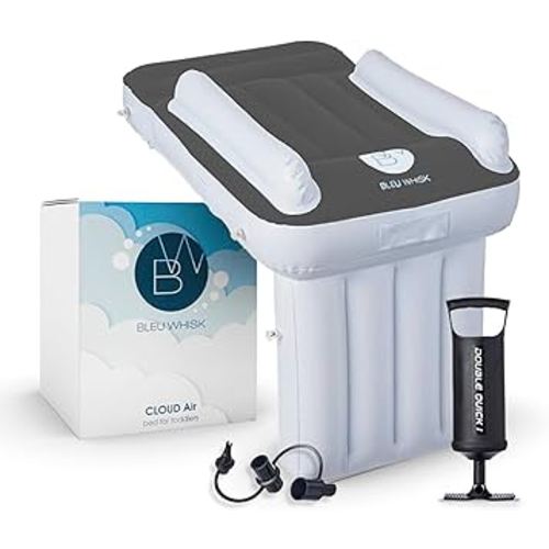 BleuWhisk Inflatable Kid Travel Bed - Sky Blue Bed for Kids, Airplane Seat Extender for Kids - Plane Bed for Toddler Baby Air Mattress, Toddler Blow Up Bed with Sides Pump and Belt, Kids Air Bed Grey