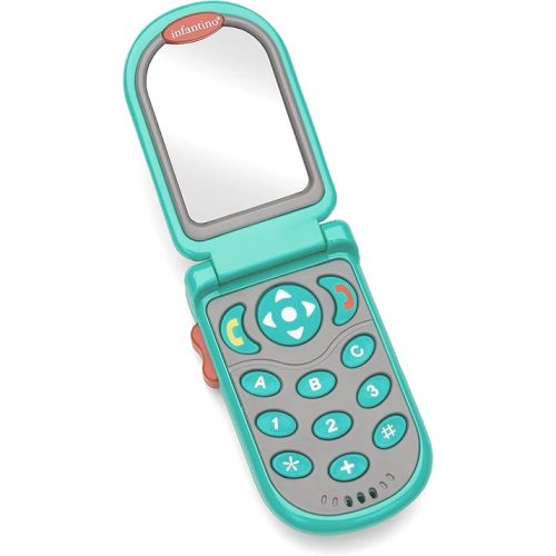 Infantino Flip and Peek Fun Phone: Bilingual with 3 English & 3 Spanish Phrases, Sounds Effects for Engagement, Peek a Boo Mirror Inside, 2 Colors, Ages 3 Months +, Teal, 1 Count (Pack of 1)