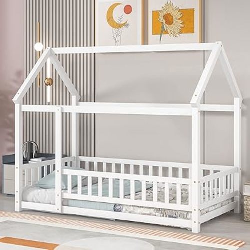 LLS Twin Floor Bed Frame with Fence, Wooden Montessori Bed, House Bed for Boys Girls Bedroom, White