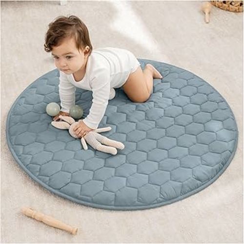 Comfy Cubs Round Kids Play Mat -Small 36 inches Soft Quilted Baby Floor Mat with Non-Slip Bottom - Plush Design for Toddlers' Playtime - Comfortable and Durable - Pacific Blue