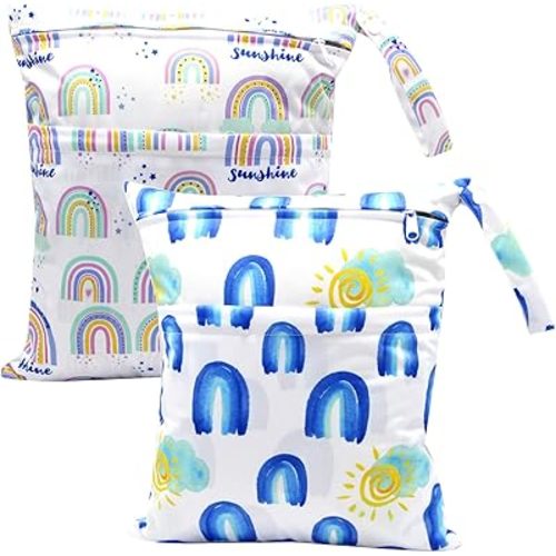 2pcs Waterproof Wet Bags with Two Zippered Pockets, Washable, Reusable for Travel, Beach, Pool, Stroller, Diapers, Dirt Gym Clothes, Wet Swimsuits, Toiletries -Rainbows