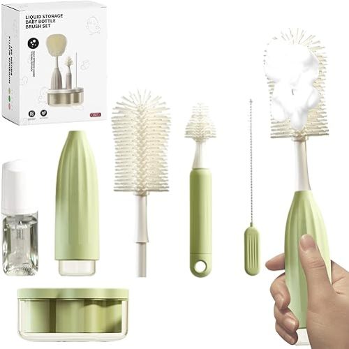 Bottle Brush Kit, Innovative Push-Press Design for Better Cleaning - Baby Bottle Cleaner Brush for Baby Bottle, Breast Pumps, Nipples, and More - Can Generate Foam for Better Cleaning, Green