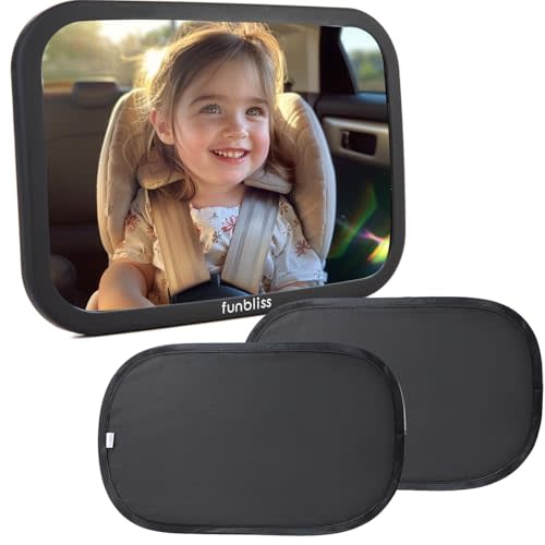 Funbliss Bar Mirror for Baby + 2 Pack Car Window Shades Bundle, UPF 50+ Window Shade for Baby in Car, 360° Rotation Fully-Adjustable Straps