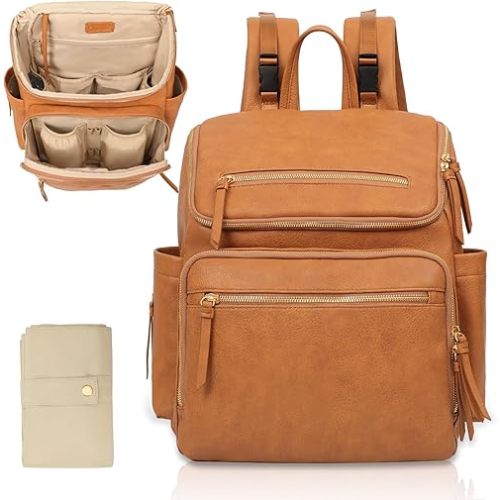 Diaper Bag Backpack Baby Diaper Bag Leather with 17 Diaper Bag Organizing Pouches,Changing Pad,Stroller Straps,4 Insulated Pockets,Honey