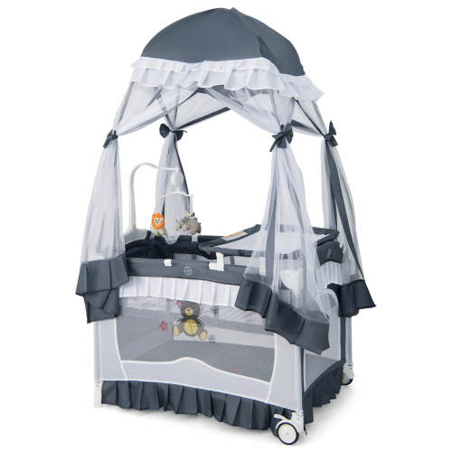 Costway Baby Playard Crib Bed 4 in 1 Portable with Changing Table Canopy Music Box Grey