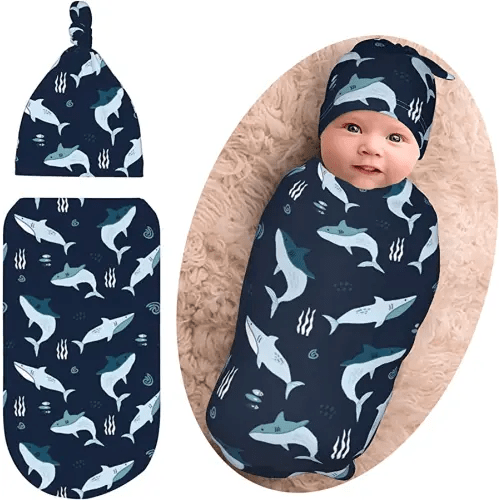 Sharks Ocean Baby Stuff Newborn Swaddle Blanket Animal Baby Wrap Blanket Soft with Beanie Hat Sets Gifts for Infant Boy Girl