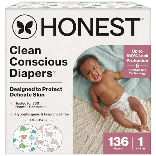 The Honest Company Clean Conscious Diapers for Sensitive Skin, Up to 100% Leakproof Hypoallergenic Fragrance-Free Baby Diapers, Gender Neutral Prints, Super Club Box, Size 1 (814 lbs), 136 Count
