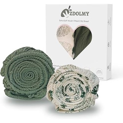 Zdolmy Muslin Crib Sheets for Girl Boy, 2 Pack 100% Cotton Crib Sheet for Standard Crib Mattress(28"x 52"), Fitted and Soft Breathable Crib Mattress Sheet, 360° Wrapping (Monstera & Dark Green)