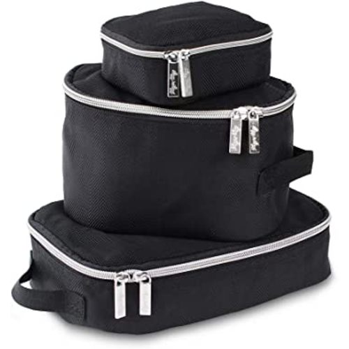Itzy Ritzy Packing Cubes - Set Of 3 Packing Cubes Or Travel Organizers; Each Cube Features A Mesh Top, Double Zippers And A Fabric Handle; Black With Silver Hardware