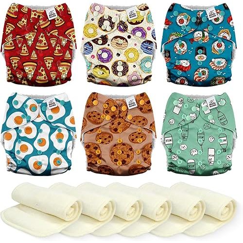 Mama Koala 3.0 Cloth Diapers for Babies, 6 Pack One Size Washable and Reusable Pocket Diapers for Newborns and Toddlers (Food Meeting)