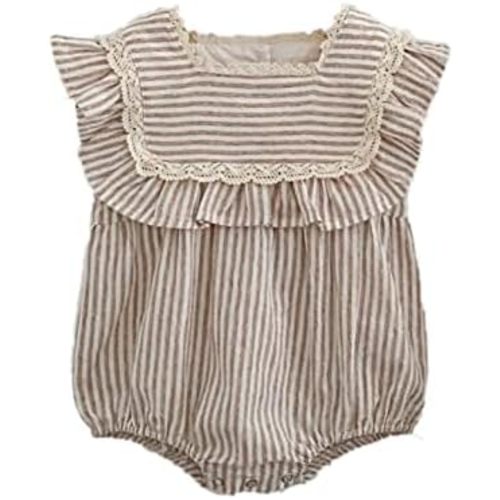 Ashmyova Toddler Girls Linen Summer Casual Dress Kids Vintage Ruffles Stripe Baby Rompers Dresses