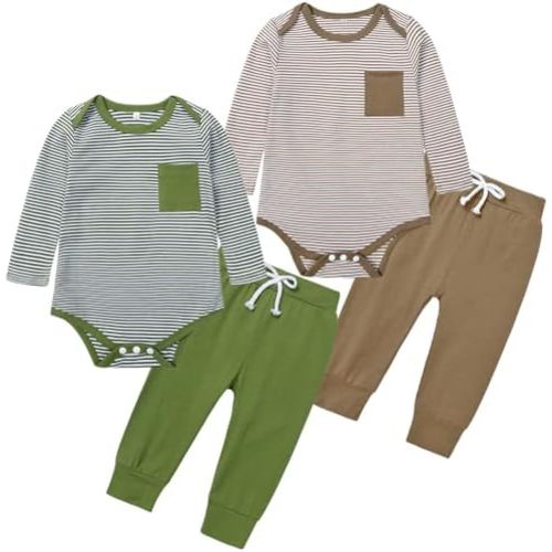 BeiVSlley 2 Sets Newborn Baby Boy Girl Clothes Infant Cotton Long-Sleeve Bodysuits Romper and Solid Pants Fall Winter Outfits
