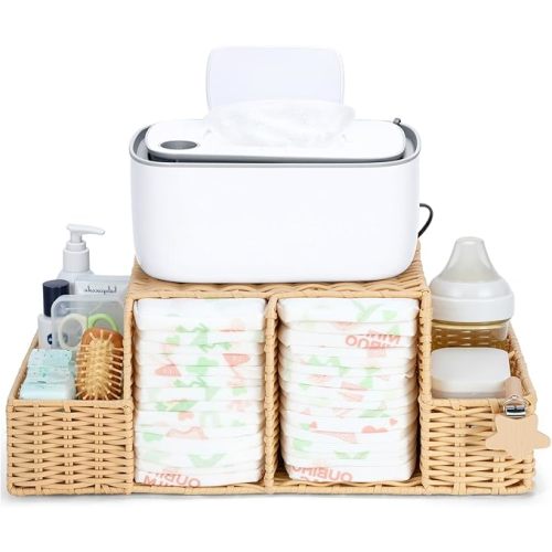 Diaper Caddy Organizer, Hand Rattan Nursery Storage Basket for Baby Essentials, Baby Changing Table Organizer Perfect Nursery Assistant (Natural Woven, M)