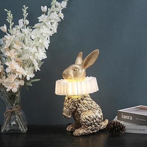 Scarf Rabbit Table Lamp,Resin Crafted Gold Bunny Lamp Featuring White Pleated PC Lampshade,USB Plug,Energy-Efficient Nightstand Lamp (Gold Standing)