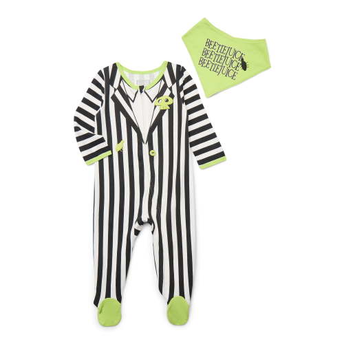 Halloween Beetlejuice Baby Boys or Girls Footed Sleep N Play Pajamas and Bib Set, 2-Piece, Sizes 0M-9M