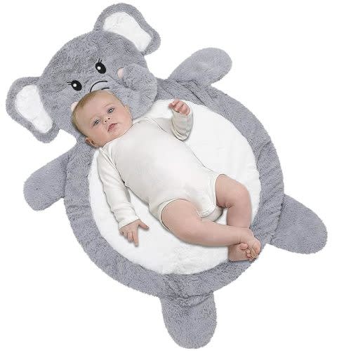 Little Grape Land Baby Floor Play Mat, 38 x 29.5 Inch Plush Stuffed Elephant Animal Baby Mat for Floor Tummy Time, Foldable and Machine Washable Crawling Infant Baby Mat Nursery Rug
