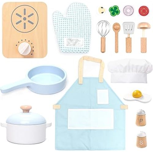 UMU® Wooden Kids Cooking Set – 18-Piece Pretend Play Kitchen Toy with Pots, Pans, Play Food, Utensils, Apron & Chef Hat – Montessori Role Play Set for Toddlers and Children Age 3 4 5 Years