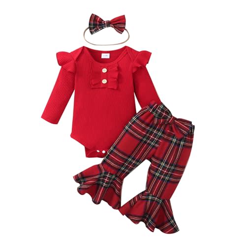 fhutpw Newborn Baby Girl Clothes Infant Rib Frill Long Sleeve Romper Flared Pants Headband Set 3pcs Fall Winter Outfits
