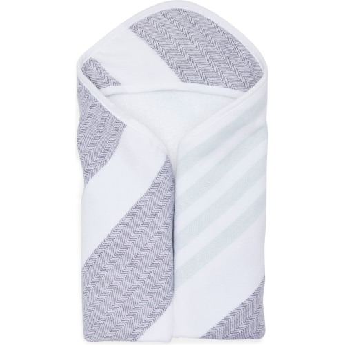Hooded Cotton Gauze Towel, White- Blue Multi Stripe