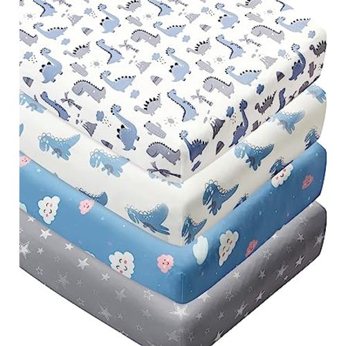 4 Pack Soft Baby Boy Crib Sheets for Standard Crib Mattress Dinosaur Star Cloud Soft Polyester Neutral Unisex Fitted Crib Sheets Set for Baby Boys