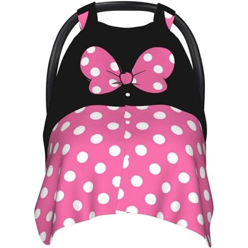 Pink Black Bow Polka Dot Car Seat Canopy Cover, Universal Fit for Infant Car Seats，Breathable,Multi-Use Nursing Cover, Gift Ready