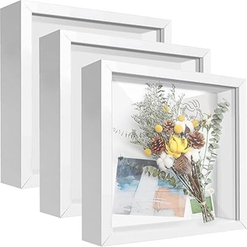 8x8 Shadow Box Frame Display Case with Letter Stickers, 3D Picture Frame, Display Case Box for Memorabilia, Baby Items, Wedding Memories, Crafts, Tickets and Photos (3Pcs-White, 8x8)