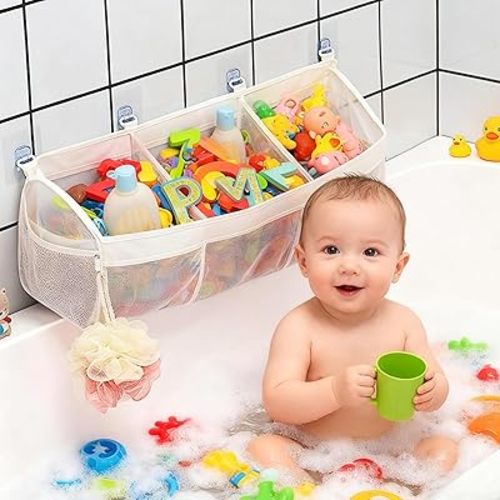 Bath Toy Storage Organizer for Tub – 3 Compartment Bath Toy Organizer, Large Quick-Drying Mesh Bath Toy Holder, Bathroom Toy Storage for Kids, Toddler & Baby Bathtub Toy Organizer with Strong Hooks