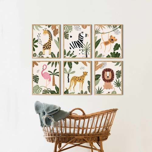 Printed Safari Nursery Wall Art Set of 6 Prints, Green Nursery Art