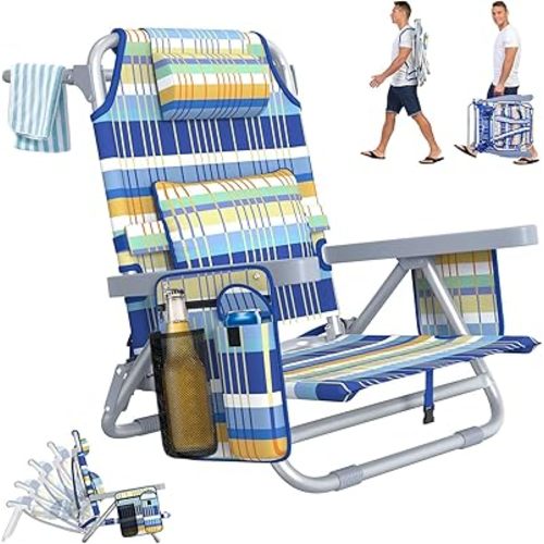 Suteck Beach Chair, Adjustable 5-Position Backpack Beach Chairs for Adults Kids, Foldable Lay Flat Chair with Cooler Bag, Cup Holder and Lumbar Pillow, Reclining Lay Down Chairs for Lawn Outdoor