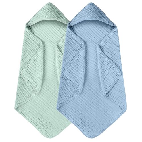Yoofoss Hooded Baby Towels for Newborn 2 Pack 100% Muslin Cotton Baby Bath Towel with Hood for Babies, Infant, Toddler and Kids, Large 32x32Inch, Soft and Absorbent Newborn Essential - Blue and Green