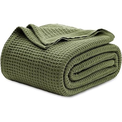 Bedsure 100% Cotton Blanket Queen Size for Bed - Breathable and Soft, Waffle Weave Blanket for Summer Spring, Olive Green, 90x90 Inches