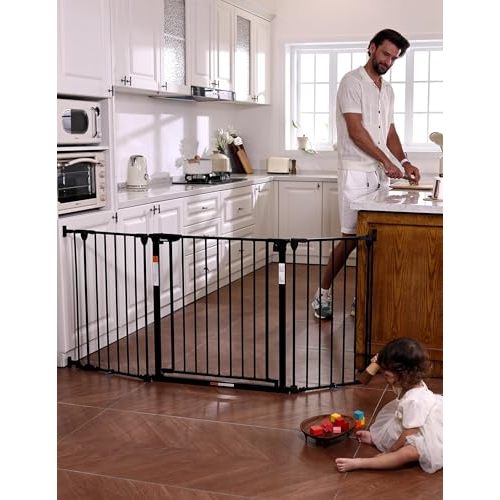 Babelio 72" Extra Wide Baby Gate, 30" Tall Auto Close Dog Fence for Stairs Kitchen Doorways Fireplace, Hardware Mounted Pet Gate Indoor, Foldable 3 Metal Panels, Black