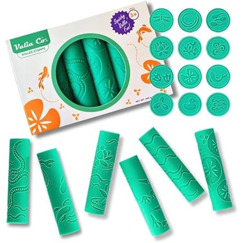 Textured Play Dough Roller Stamps for Modeling Dough and Clay, Pond Art Preschool Toy, Easy Clean Silicone Hand Grip for Kids, Playdough Tools Set Ages 3+, Safe for Baking and Crafts