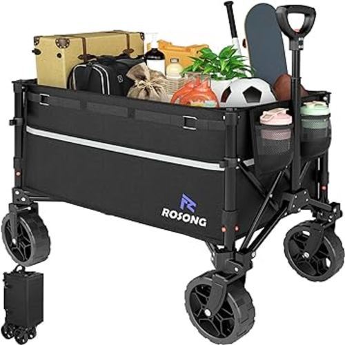 Collapsible Wagon Cart with Wheels Foldable - Folding Utility Heavy Duty Wagons Carts for Grocery Sports Garden Shopping Camping Wheelbarrows (Black, 120L)