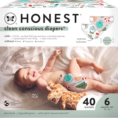 The Honest Company Clean Conscious Diapers | Plant-Based, Sustainable | Winter '24 Limited Edition Prints | Club Box, Size 6 (35+ lbs), 40 Count