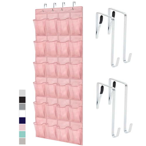 Gorilla Grip 24 Pocket Hanging Shoe Organizer, Over the Door, Mesh Pockets, Light Pink