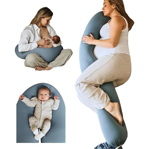 Cuddobaby Pregnancy Pillow 5-in-1 【Cooling Cover, Adjustable Firmness】 Patented Lock Design, Turn into O-Shape Nursing Pillow, 5-Point Full Body Support, Maternity Pillow with Travel Bag - Blue